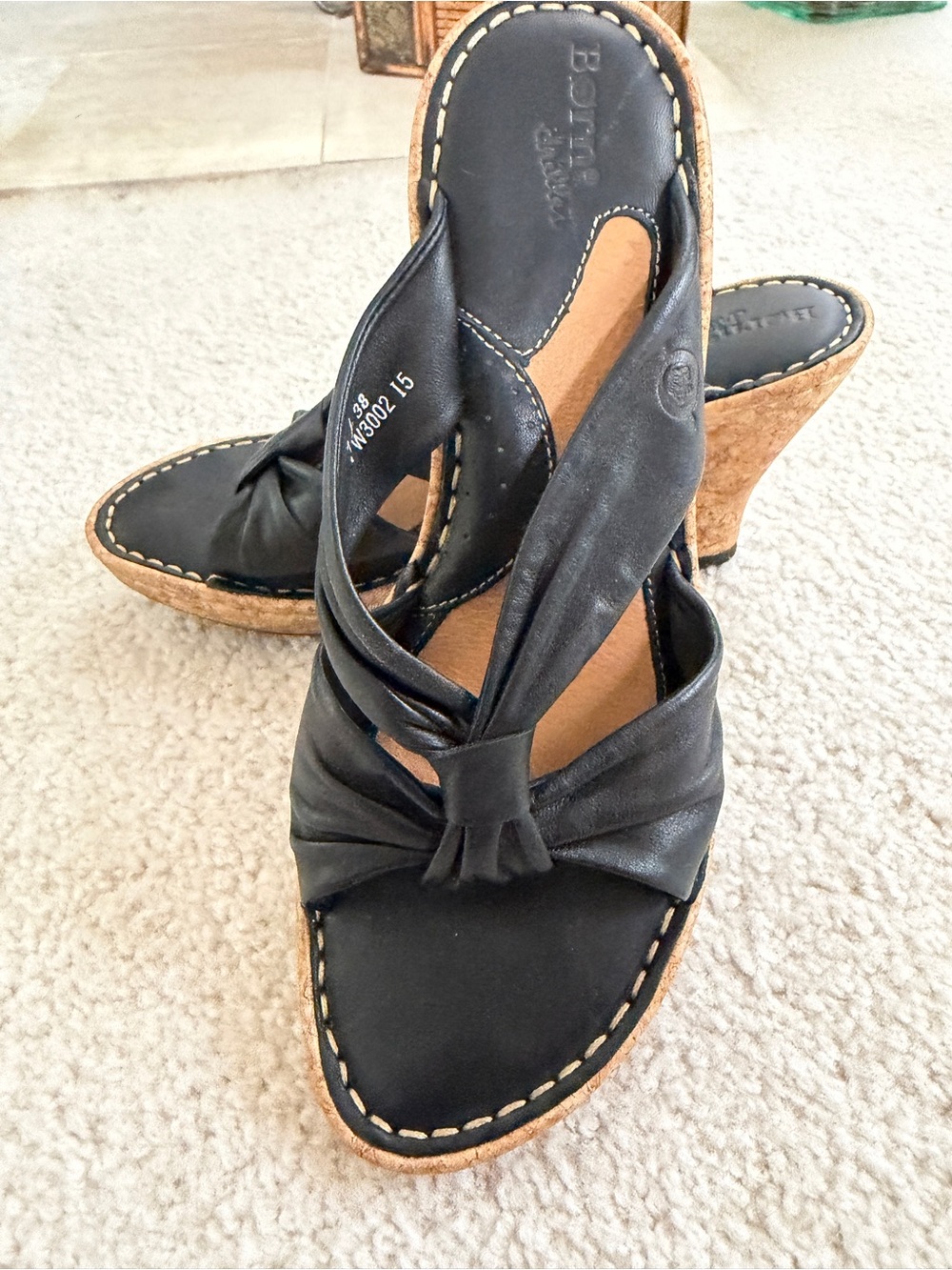 Born Black Leather Knot-Front Cork Wedge Sandals